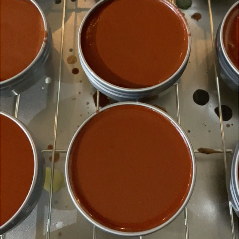 Walnut Shoe Polish Paste Wax fresh batch tins cooling on a rack