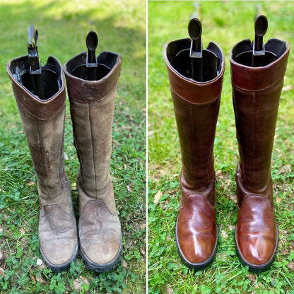 Before and After using Pure Polish Leather Cleaner and Conditioner on a customer's pair of Dubarry Hunting Boots